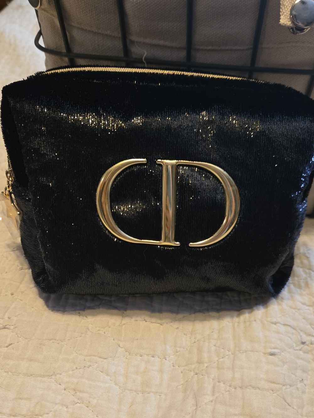 Black Velvet Shimmery Christian Dior Cosmetic Pouch with Gold CD Logo